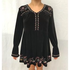 Velvet Floral Embroidered Boho Babydoll Dress